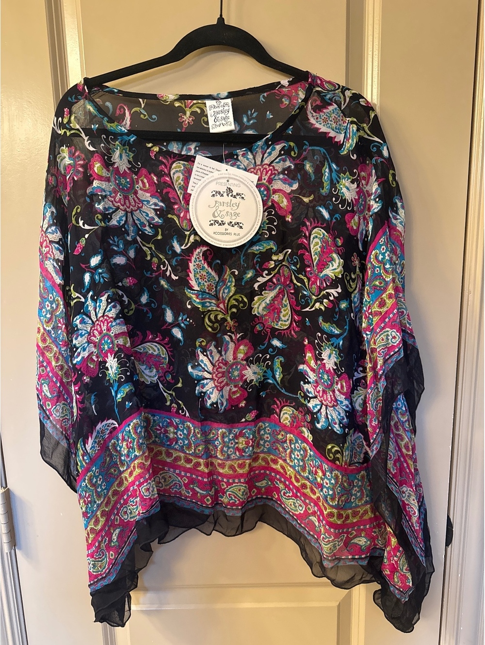 Parsley & Sage Sheer Floral Paisley Poncho Top - Black Multicolor, Plus Size